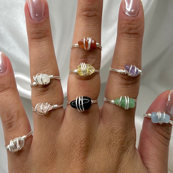 Crystal Ring, Custom Dainty Healing Crystal Wire Wrapped Rings, Unique Gemstone Rings, Rings for Women, Amethyst Carnelian Rose Quartz Rings