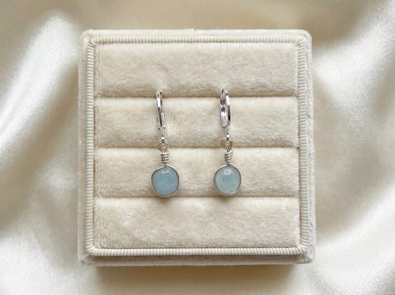Aquamarine Silver Huggie Hoop Earrings: Dainty March Birthstone Jewelry image 2