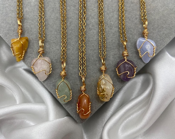 Dainty Gold Healing Crystal Necklace: Aventurine, Rose Quartz, Blue Lace Agate