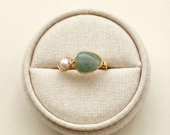 Green Aventurine Freshwater Pearl Ring Gold Silver, Tarnish Free