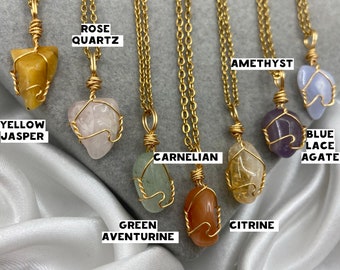 Dainty Healing Crystal Necklaces Gold Boho Amethyst Rose Quartz Green Aventurine Blue Lace Agate Citrine Natural Stone Wire Wrap Pendant