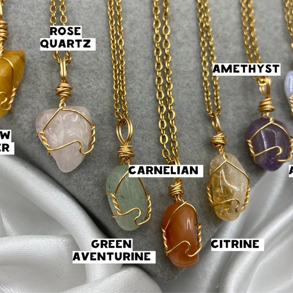 Dainty Healing Crystal Necklaces Gold Boho Amethyst Rose Quartz Green Aventurine Blue Lace Agate Citrine Natural Stone Wire Wrap Pendant