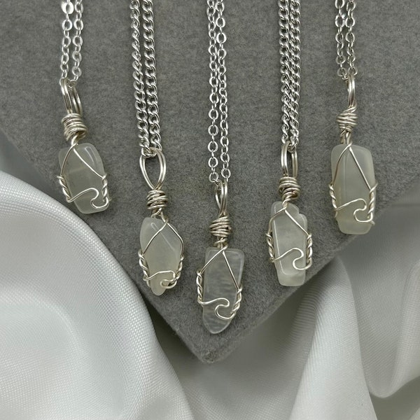 Dainty Moonstone Necklace: Silver Wire Wrapped Crystal Pendant, June Birthstone