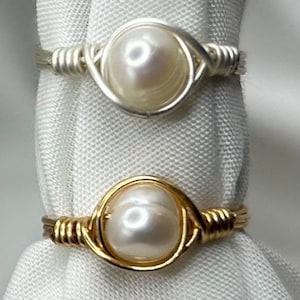 Freshwater Pearl Rings Gold Silver Wire Wrapped Bridesmaid Wedding Bridal Gift