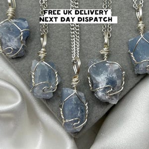 Blue Calcite Necklace Dainty Healing Crystal Raw Silver Pendant Wire Wrapped Jewellery Womens Necklace Natural Stone