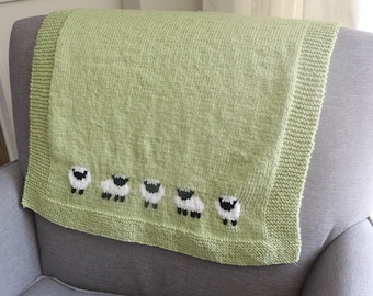 Lamb Motif Baby Blanket PDF Pattern, Colorwork Knitting with Embroidery, Farm Animal Nursery Decor, Gender Neutral Baby Shower Handmade Gift