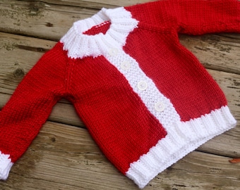 Knitting Pattern Baby Cardigan Red and White, Christmas Gift for Infant or Toddler, Handmade Baby Shower Santa Sweater Knitted Keepsake