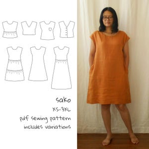 Pode incluir: Um vestido de linho laranja com mangas curtas e bolsos é exibido. A imagem também mostra desenhos lineares de várias variações de vestidos e tops. O texto na imagem diz "sako" e "XS-3XL", e "pdf sewing pattern includes variations."