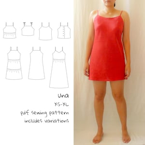 May include: A red slip dress with thin straps is displayed on a person. The image also features a diagram of different dress styles. Text on the image reads "Una XS-XL pdf sewing pattern includes variations."