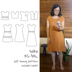 May include: A PDF sewing pattern titled Sako XS-3XL includes hacks, featuring line drawings of various top and dress silhouettes. A mustard-colored knee-length dress with short sleeves and a round neckline is shown as a finished garment example.