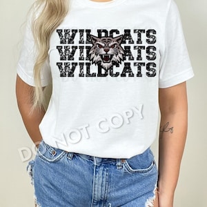 Camiseta de espíritu escolar de los Wildcats, camiseta con purpurina sintética, camiseta juvenil, mascota escolar de los Wildcats, camisetas para mujer, camiseta del día del partido, camiseta de los Wildcats