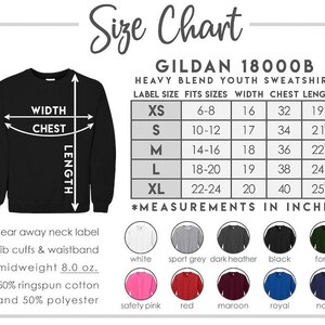 The image is a size chart for a GILDA 1800B heavy blend youth sweatshirt. It includes measurements for the width, chest, waist, rib cuffs, waistband, and sleeves, along with color options for the tear-away neck label, rib cuffs & waistband, midweight, sport grey, dark heather, black, forest, safety pink, red, maroon, royal, and navy. The chart also provides the measurements in inches and the number of measurements in the image.