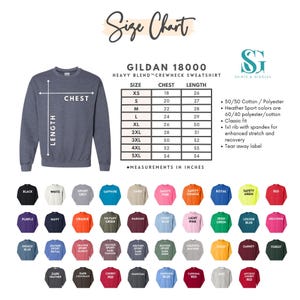 The image is a size chart for a GILDAIN 1800 heavy blend crew neck sweatshirt, including color options and measurements for chest, length, and width.
