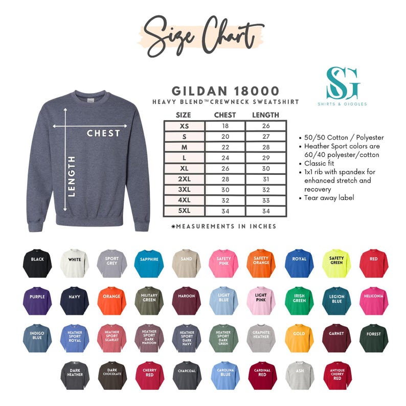 The image is a size chart for a GILDAIN 1800 heavy blend crew neck sweatshirt, including color options and measurements for chest, length, and width.