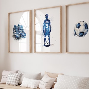 Personalised Soccer Prints for Boys, Set of 3 Prints, Boy Soccer Player Watercolour Art Print, Football Print, Football Room Decor