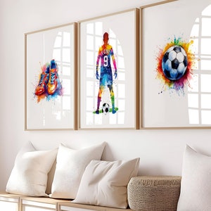 Personalised Soccer Prints for Boys, Set of 3 Prints, Boy Soccer Player Watercolour Art Print, Football Print, Football Room Decor