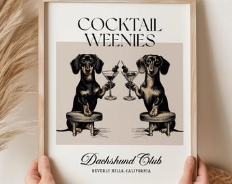 Martini and Weenies poster, Bar Cart Art, Sausage Dog Art, Daschund Art, Dog Poster, Dachshund Gift