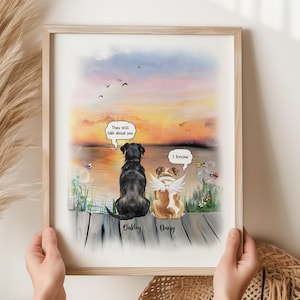 Dog Memorial Rainbow Bridge Print, Personalized Multiple Pet Custom Portrait, Remembrance, Pet Loss Sympathy Gift, They still talk about you