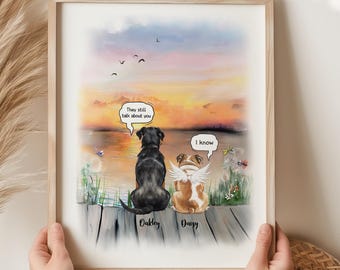 Dog Memorial Rainbow Bridge Print, Personalized Multiple Pet Custom Portrait, Remembrance, Pet Loss Sympathy Gift, They still talk about you