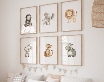 Juego de 6 animales de safari imprimibles para guardería, impresiones de animales de safari, animales de safari para bebés, guardería de la jungla, decoración de guardería de la jungla