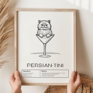 Perski wydruk artystyczny, plakat koktajlowy z dekoracją wózka barowego, wydruk koktajlowy z kotem, perski i martini, plakat koktajlowy, plakat perski