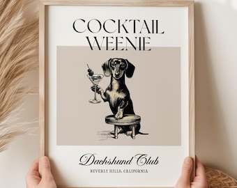 Martini and Weenies poster, Bar Cart Art, Sausage Dog Art, Daschund Art, Dog Poster, Dachshund Gift