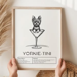 ヨークシャーテリアのアートプリント、バーカートの装飾カクテルポスター、犬のカクテルプリント、ミニマリストエレガントで洗練されたレトロ、カクテルポスター