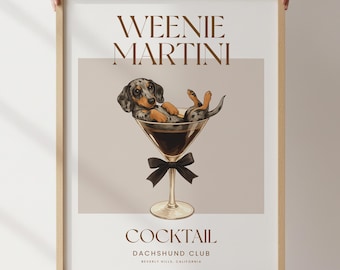 Martini and Weenies poster, Bar Cart Art, Sausage Dog Art, Daschund Art,  Dog Poster, Dachshund Gift