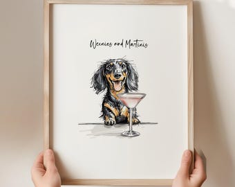 Martini and Weenies poster, Bar Cart Art, Sausage Dog Art, Daschund Art,  Dog Poster, Dachshund Gift