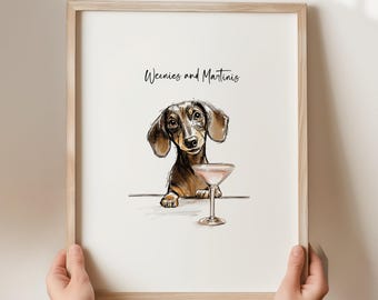 Martini and Weenies poster, Bar Cart Art, Sausage Dog Art, Daschund Art,  Dog Poster, Dachshund Gift