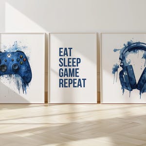 Gaming-Wandkunst-Set (3-teilig), Gamer-Zimmerdeko, Poster mit Controller und Kopfhörern, „Eat Sleep Game Repeat“, Digitaler Download