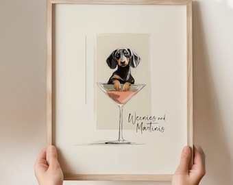 Personalised Martini and Weenies poster, Bar Cart Art, Sausage Dog Art, Daschund Art, Dog Poster, Dachshund Gift