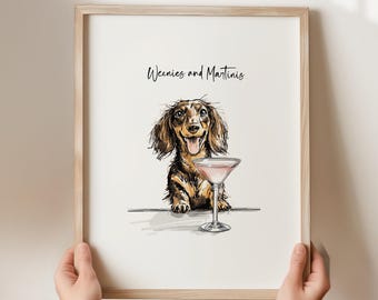 Martini and Weenies poster, Bar Cart Art, Sausage Dog Art, Daschund Art,  Dog Poster, Dachshund Gift