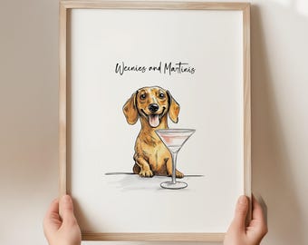 Martini and Weenies poster, Bar Cart Art, Sausage Dog Art, Daschund Art,  Dog Poster, Dachshund Gift