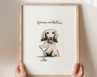 Martini and Weenies poster, Bar Cart Art, Sausage Dog Art, Daschund Art,  Dog Poster, Dachshund Gift