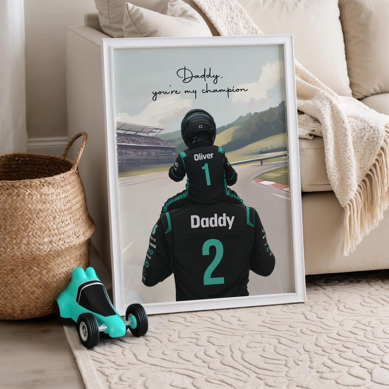Custom racing car print, Personalised racing gift, Gift for Dad, Father Daughter Gift, Father Son Gift, Gift for Grandad - Digital Download Black and turquoise