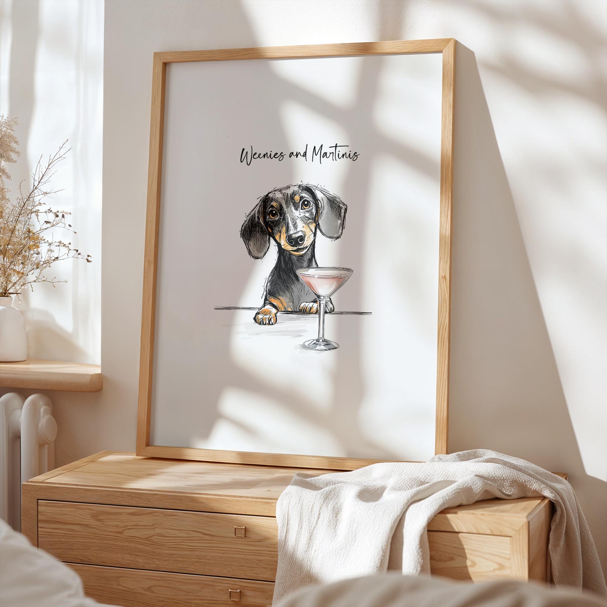 Martini and Weenies Poster, Bar Cart Art, Sausage Dog Art