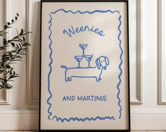 Martini and Weenies poster, Bar Cart Art, Sausage Dog Art, Daschund Art,  Dog Poster, Dachshund Gift
