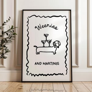 Martini and Weenies poster, Bar Cart Art, Sausage Dog Art, Daschund Art,  Dog Poster, Dachshund Gift