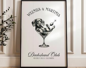 Martini and Weenies poster, Bar Cart Art, Sausage Dog Art, Daschund Art,  Dog Poster, Dachshund Gift
