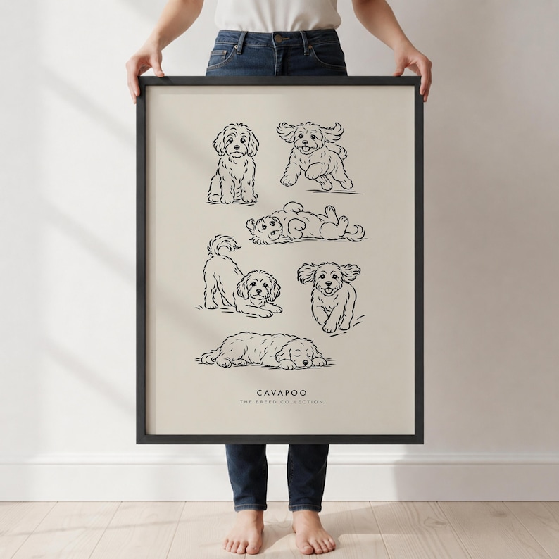May include: A framed wall art print on a beige background featuring six black line-art illustrations of Cavapoo dogs in various poses. The text at the bottom reads CAVAPOO THE BREED COLLECTION in a simple, clean, sans-serif black font.