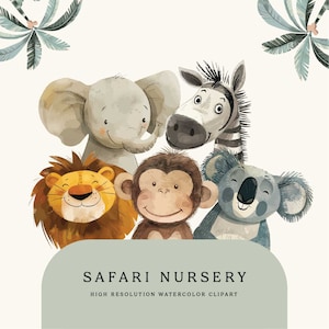 Safaridieren clipart aquarel, jungle safari png, baby safari dieren png, safari clipart olifant zebra giraf tijger leeuw, babyshower
