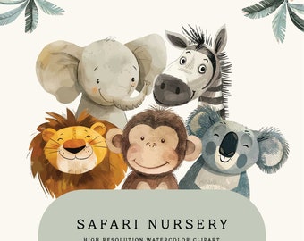 Safari Animals Clipart Watercolor, jungle safari png, baby safari animals PNG, safari clipart elephant zebra giraffe tiger lion, baby shower