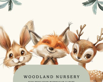 Puede incluir: Una ilustración de acuarela de un zorro, un conejo y un ciervo con un fondo verde. Los animales están sonriendo y mirando al espectador. El texto "Woodland Nursery" y "High Resolution Watercolor Clipart" está debajo de los animales.