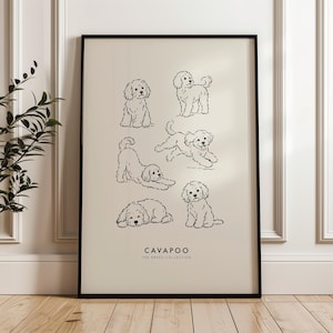 Cavapoo väggkonsttryck | Minimalistisk Cavapoo-affisch | Söt hundteckning | Neutral husdjursdekor | Oinramad konstverk, gåva