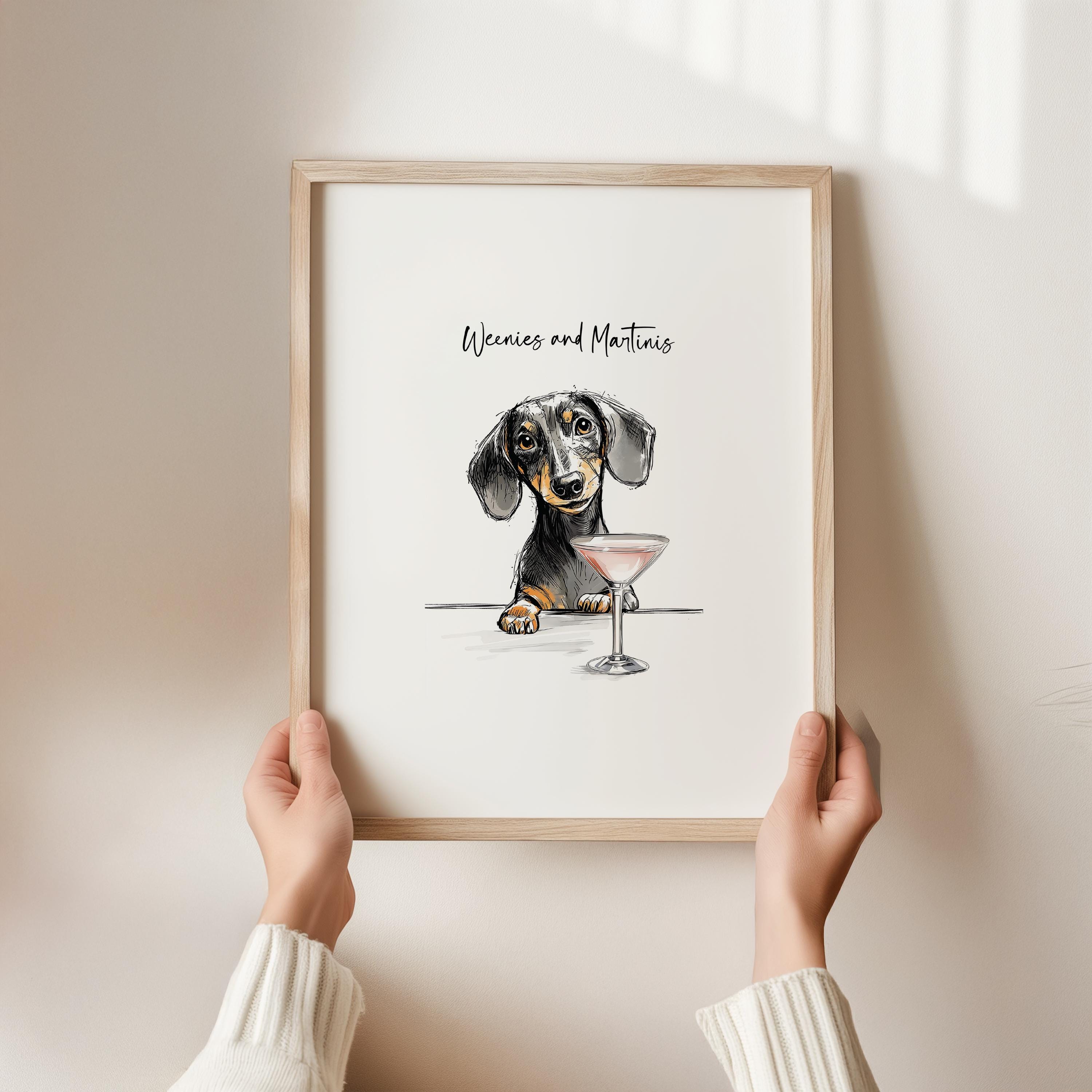 Martini and Weenies Poster, Bar Cart Art, Sausage Dog Art