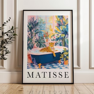 Matisse junglebadkunstprint – kleurrijke luipaardposter, tropische plant muurkunst, grillig dierenhuisdecoratie