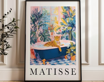 Matisse Jungle Bath Art Print – Colorful Leopard Poster, Tropical Plant Wall Art, Whimsical Animal Home Decor