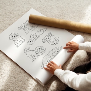 May include: A large white poster featuring six black line art illustrations of a small, fluffy dog in various poses, including sitting, lying down, and playing. The poster is partially rolled, with a brown cardboard tube resting nearby.