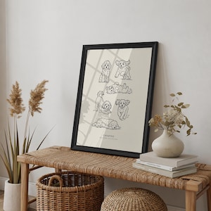 May include: A framed wall art print featuring six black line-art illustrations of Cavapoo dogs in various poses on a light beige background. The text "CAVAPOO" and "THE BREED COLLECTION" is printed in small black letters at the bottom center.